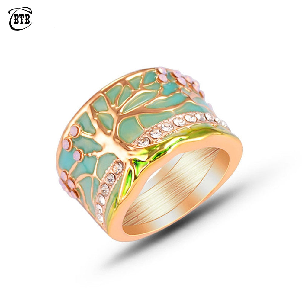 Hot Lucky Flower Tree Rings Fashion Gold Pink Opal Green Enamel Wide Ring for Woman Party Crystal Vintage Jewelry 2019 New