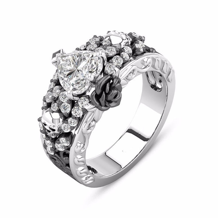 Vintage Devil Death Skull Black Color Finger Rings for Women  Engagement Shiny Crystal Flower Wedding Ring Gothic Boho Jewelry