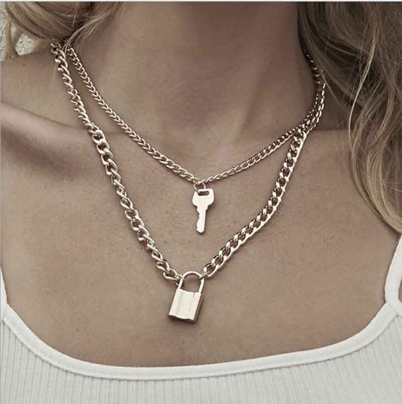 New  Chain  Key Padlock Pendant Necklace for Women Silver Lock Necklace Layered Chain on The Neck with Lock chain Punk Jewelry