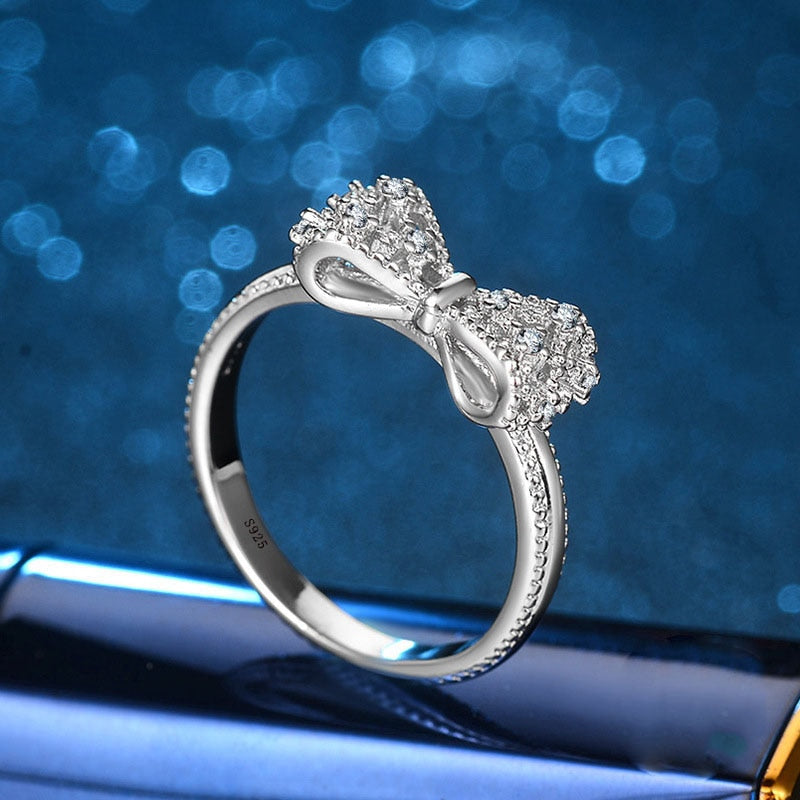 Sparkling AAA 1.2ct  Zirconia Crystal Bowknot Design Silver color filled Wedding Rings for women Bijoux Fashion Engagement Ring