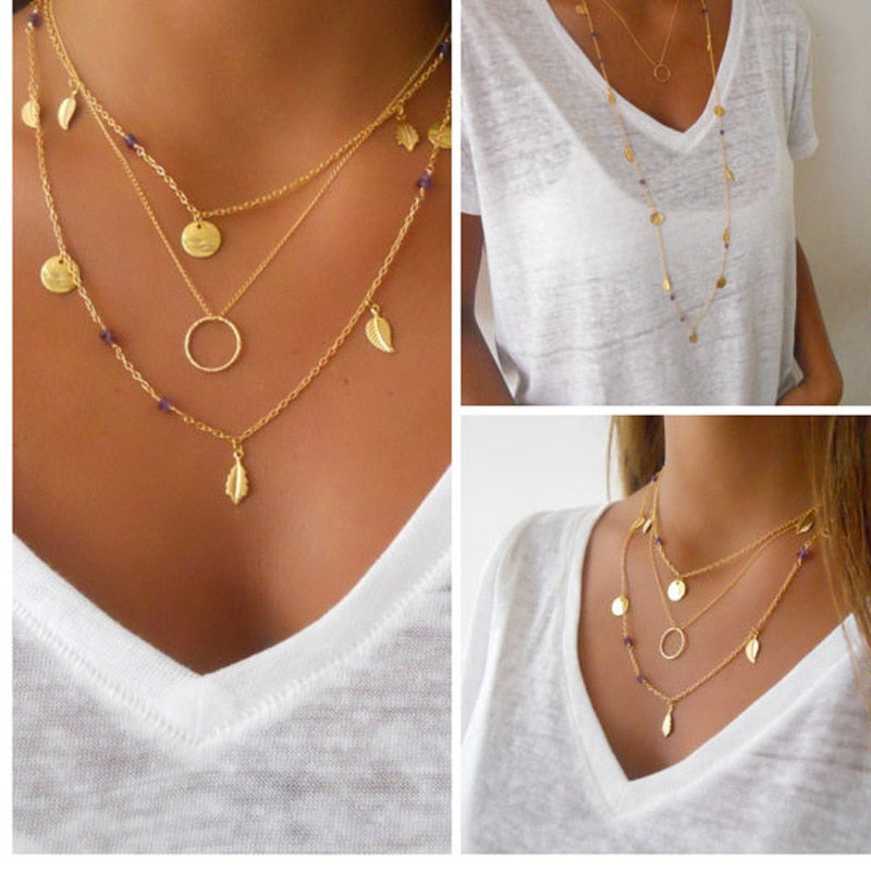 New Silver Color chain leaves multi layer pendant necklace for women Collier femme fashion jewelry 2018 Gold Color