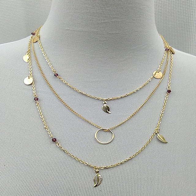 New Silver Color chain leaves multi layer pendant necklace for women Collier femme fashion jewelry 2018 Gold Color