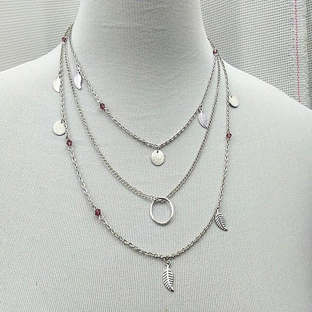 New Silver Color chain leaves multi layer pendant necklace for women Collier femme fashion jewelry 2018 Gold Color