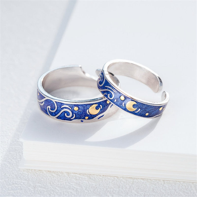 Moon Star Starry Night Van Gogh Adjustable Rings For Couple Lover's Real Price S925 Silver 2020 Drop Shipping Women Men Jewelry