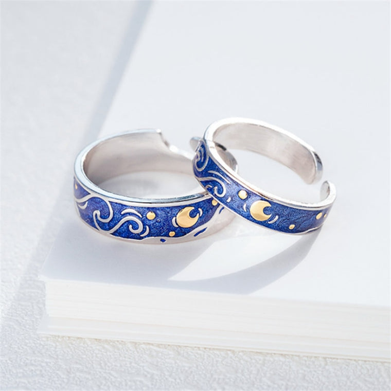 Moon Star Starry Night Van Gogh Adjustable Rings For Couple Lover's Real Price S925 Silver 2020 Drop Shipping Women Men Jewelry