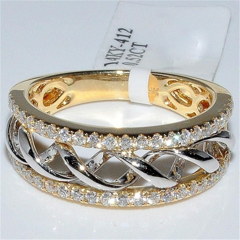 FFLACEL Hollow Two-tone Color Ring Silver Wave Cubic Zircon Ring for Female Fashion Popular Rhinestone Wedding Rings for Women
