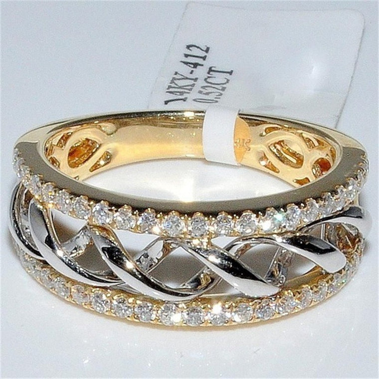 FFLACEL Hollow Two-tone Color Ring Silver Wave Cubic Zircon Ring for Female Fashion Popular Rhinestone Wedding Rings for Women