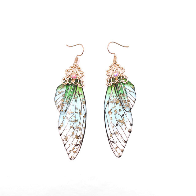 Handmade Fairy Simulation Wing Earrings Insect Butterfly Wing Drop Earrings Foil Rhinestone Earrings Romantic Bridal Jewelry