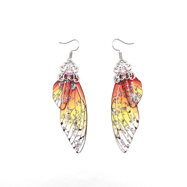 Handmade Fairy Simulation Wing Earrings Insect Butterfly Wing Drop Earrings Foil Rhinestone Earrings Romantic Bridal Jewelry