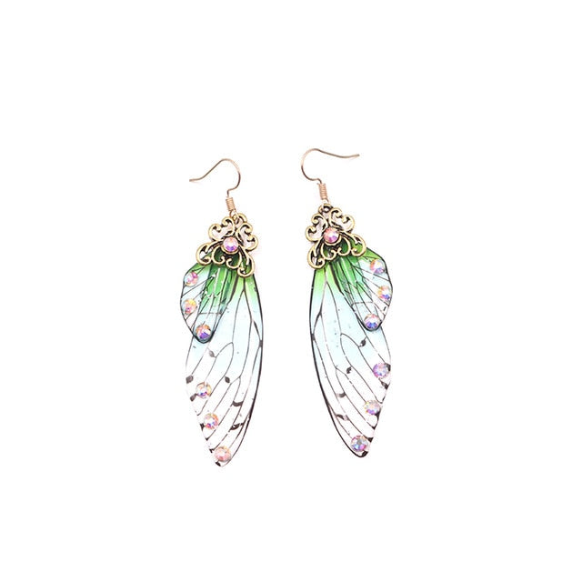 Handmade Fairy Simulation Wing Earrings Insect Butterfly Wing Drop Earrings Foil Rhinestone Earrings Romantic Bridal Jewelry