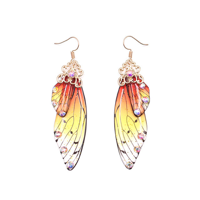 Handmade Fairy Simulation Wing Earrings Insect Butterfly Wing Drop Earrings Foil Rhinestone Earrings Romantic Bridal Jewelry