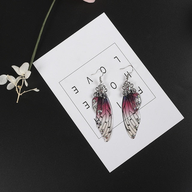 Handmade Fairy Simulation Wing Earrings Insect Butterfly Wing Drop Earrings Foil Rhinestone Earrings Romantic Bridal Jewelry