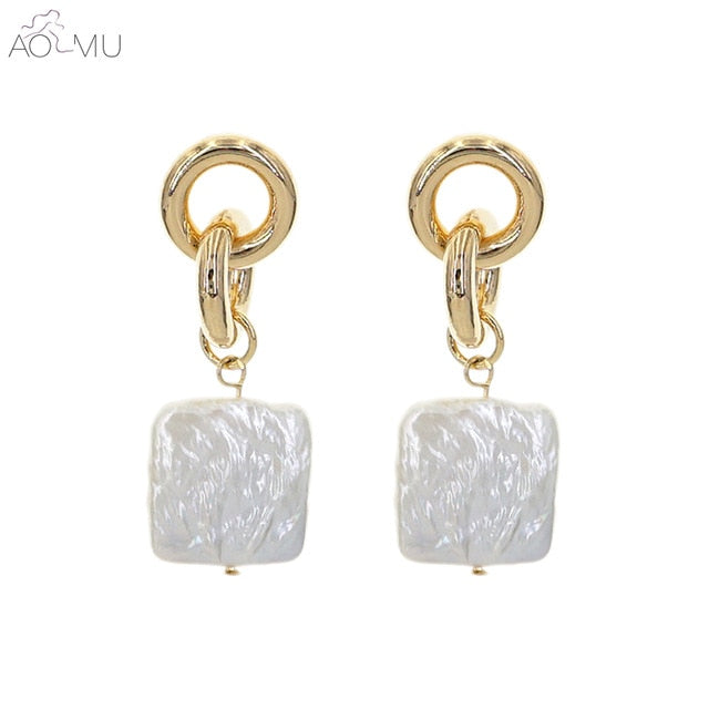 AOMU Korea Design Metal Gold Geometric Irregular Circle Square Natural Freshwater Pearl Stud Earrings for Women Girl Gift