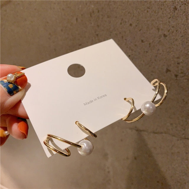 AOMU Korea Design Metal Gold Geometric Irregular Circle Square Natural Freshwater Pearl Stud Earrings for Women Girl Gift