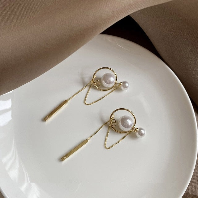 AOMU Korea Design Metal Gold Geometric Irregular Circle Square Natural Freshwater Pearl Stud Earrings for Women Girl Gift