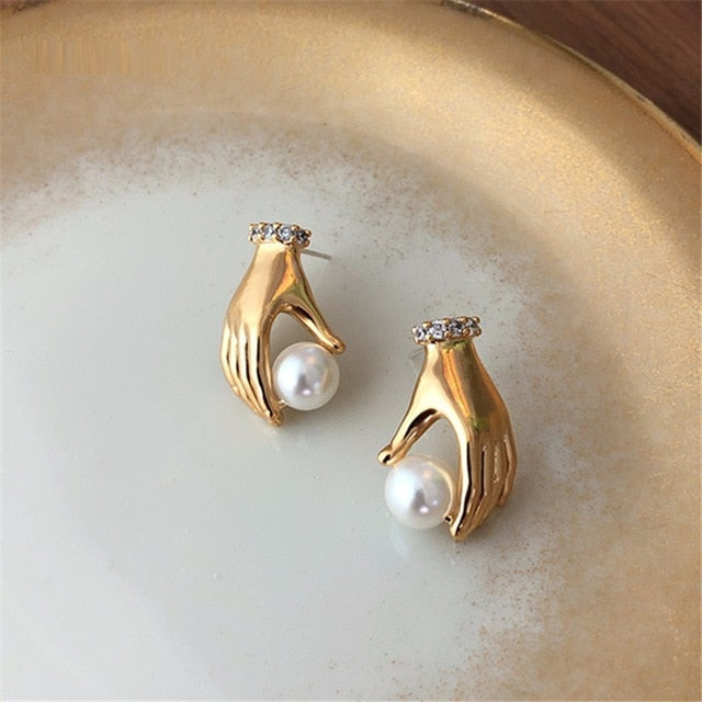 AOMU Korea Design Metal Gold Geometric Irregular Circle Square Natural Freshwater Pearl Stud Earrings for Women Girl Gift
