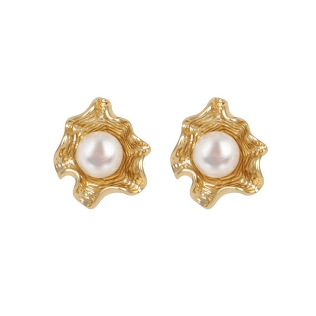 AOMU Korea Design Metal Gold Geometric Irregular Circle Square Natural Freshwater Pearl Stud Earrings for Women Girl Gift