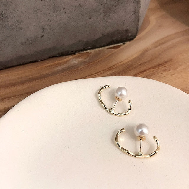 AOMU Korea Design Metal Gold Geometric Irregular Circle Square Natural Freshwater Pearl Stud Earrings for Women Girl Gift