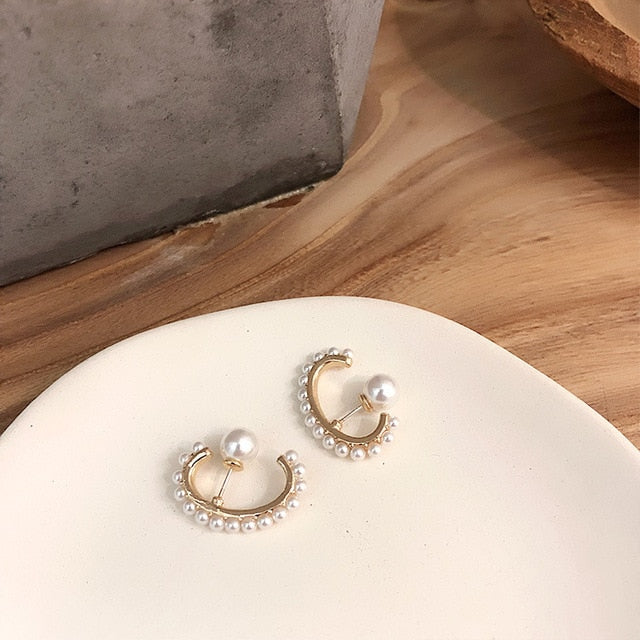 AOMU Korea Design Metal Gold Geometric Irregular Circle Square Natural Freshwater Pearl Stud Earrings for Women Girl Gift