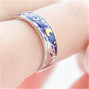 Moon Star Starry Night Van Gogh Adjustable Rings For Couple Lover's Real Price S925 Silver 2020 Drop Shipping Women Men Jewelry