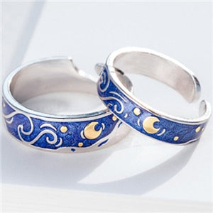 Moon Star Starry Night Van Gogh Adjustable Rings For Couple Lover's Real Price S925 Silver 2020 Drop Shipping Women Men Jewelry
