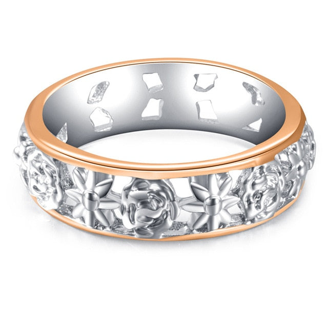 FFLACEL Hollow Two-tone Color Ring Silver Wave Cubic Zircon Ring for Female Fashion Popular Rhinestone Wedding Rings for Women