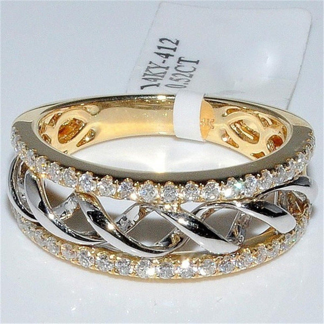 FFLACEL Hollow Two-tone Color Ring Silver Wave Cubic Zircon Ring for Female Fashion Popular Rhinestone Wedding Rings for Women