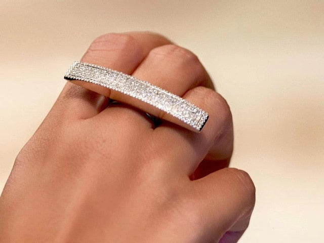 FFLACEL Hollow Two-tone Color Ring Silver Wave Cubic Zircon Ring for Female Fashion Popular Rhinestone Wedding Rings for Women