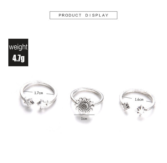 Fashion Vintage Alloy Set of Rings Adjustable Simple Silver Sunflower Opening Rings for Women
