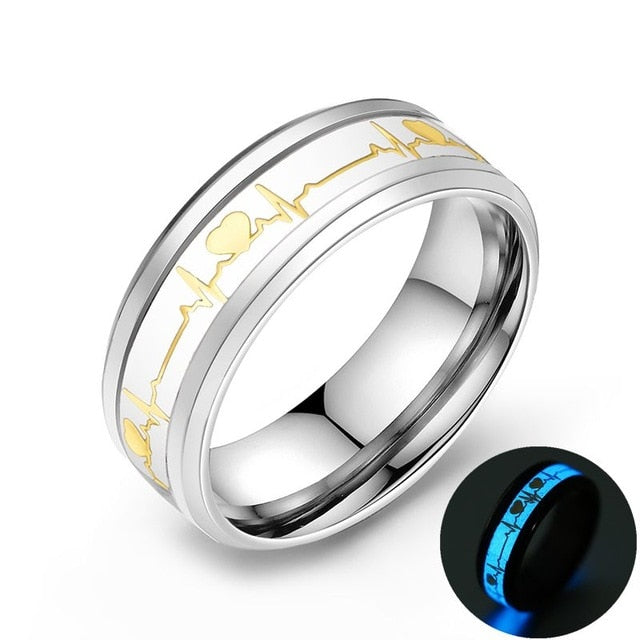 Yellow Luminous Heart Electrocardiogram Rings Stainless Steel Glow in the Dark Wave Love Ring Female Male Wedding Aneis Jewelry