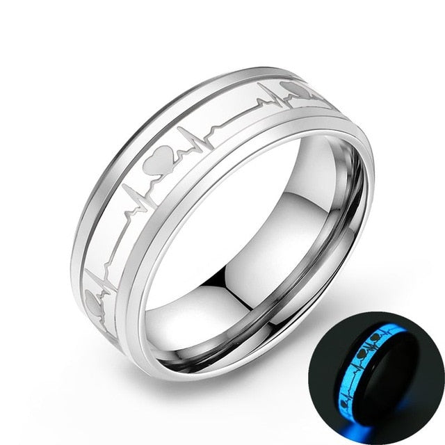 Yellow Luminous Heart Electrocardiogram Rings Stainless Steel Glow in the Dark Wave Love Ring Female Male Wedding Aneis Jewelry