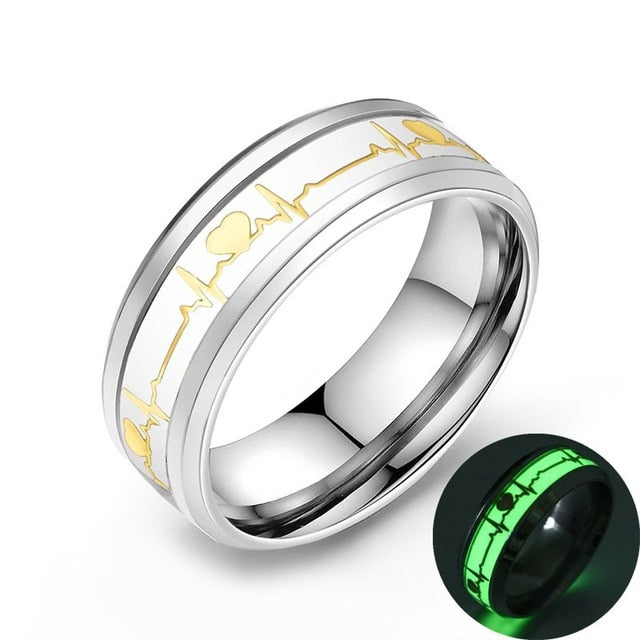Yellow Luminous Heart Electrocardiogram Rings Stainless Steel Glow in the Dark Wave Love Ring Female Male Wedding Aneis Jewelry