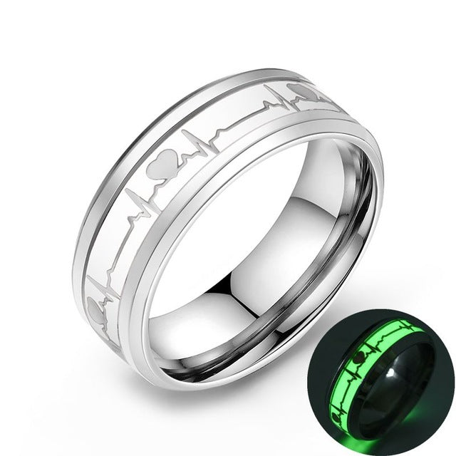 Yellow Luminous Heart Electrocardiogram Rings Stainless Steel Glow in the Dark Wave Love Ring Female Male Wedding Aneis Jewelry