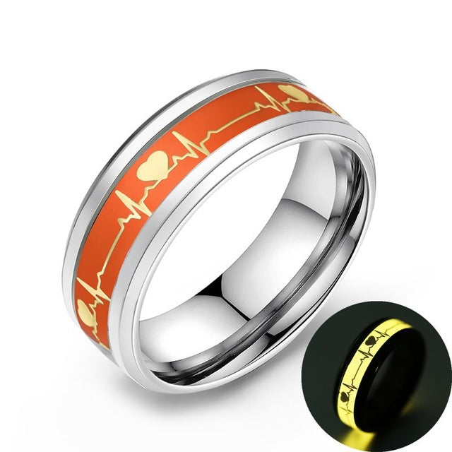 Yellow Luminous Heart Electrocardiogram Rings Stainless Steel Glow in the Dark Wave Love Ring Female Male Wedding Aneis Jewelry