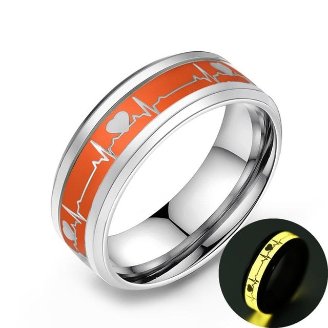 Yellow Luminous Heart Electrocardiogram Rings Stainless Steel Glow in the Dark Wave Love Ring Female Male Wedding Aneis Jewelry