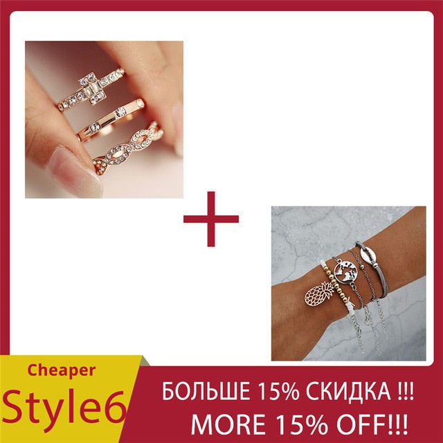 AY 3Pcs/Set Fashion Geometry Intersect Crystal Rings Set For Women Girls Engagement Wedding Rings Female Party Jewelry Gifts