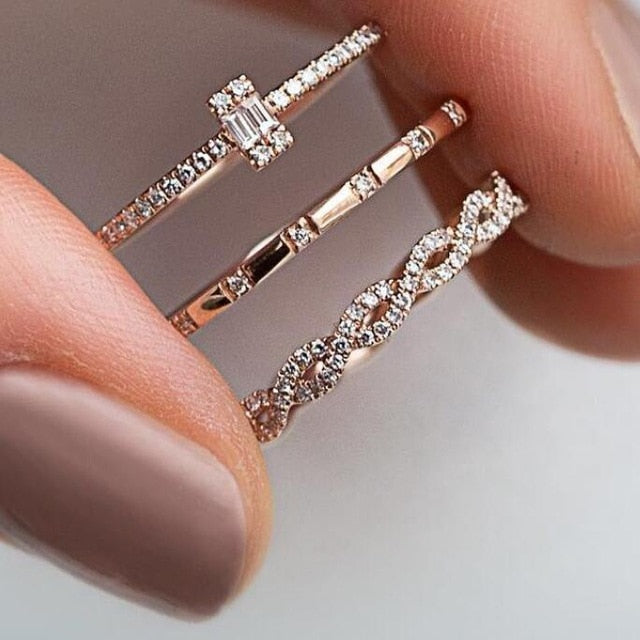 AY 3Pcs/Set Fashion Geometry Intersect Crystal Rings Set For Women Girls Engagement Wedding Rings Female Party Jewelry Gifts