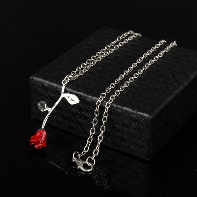 MQCHUN 3D Rose Necklace Personalized Custom Charm Necklace Final Rose Flower Beauty and the Beast Jewelry Women Girls Party Gift