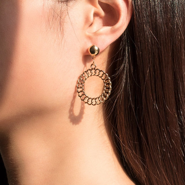Korean Statement Round Dangle Drop Earrings for Women 2019 Fashion Jewelry Vintage Geometric Round Sequin Hanging Gold Earring