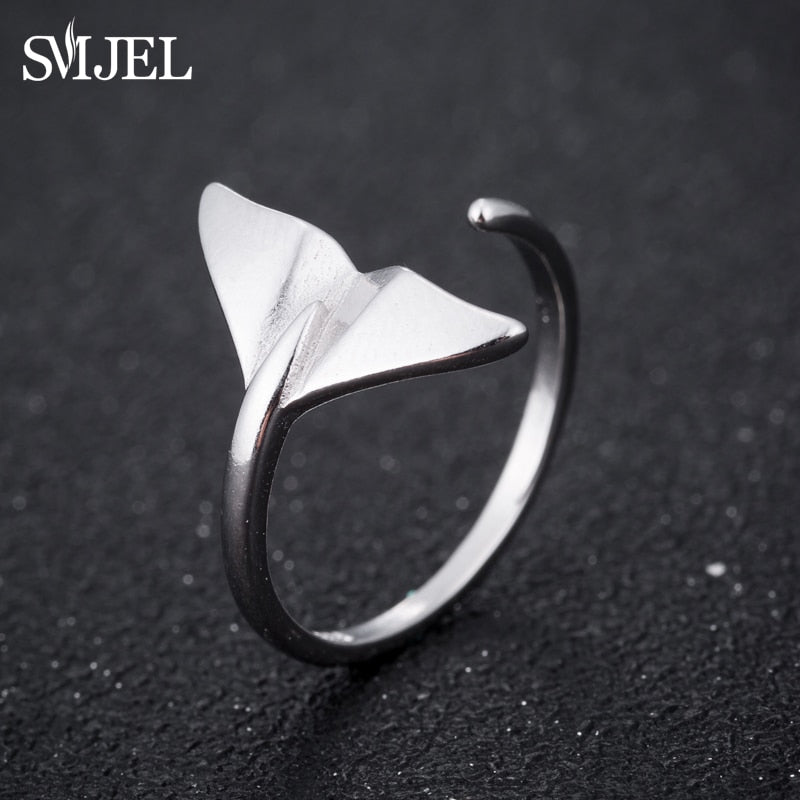 SMJEL Fashion Sliver Jewelry Mermaid Tail Cuff Rings Anel Sea Whale Fish Tail Bague Rings Men Romantic sieraden Gifts Wholesale