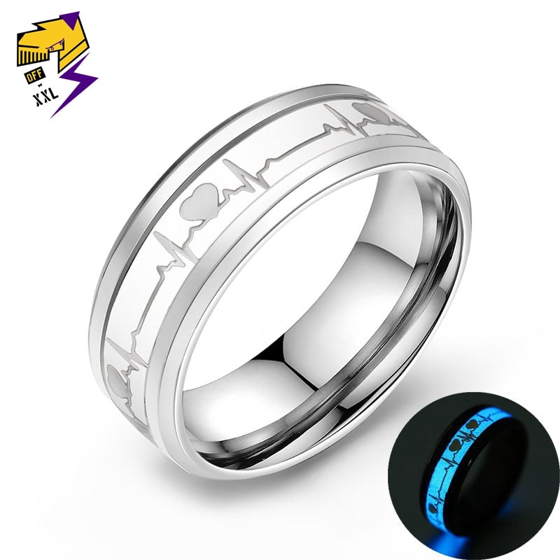 Yellow Luminous Heart Electrocardiogram Rings Stainless Steel Glow in the Dark Wave Love Ring Female Male Wedding Aneis Jewelry